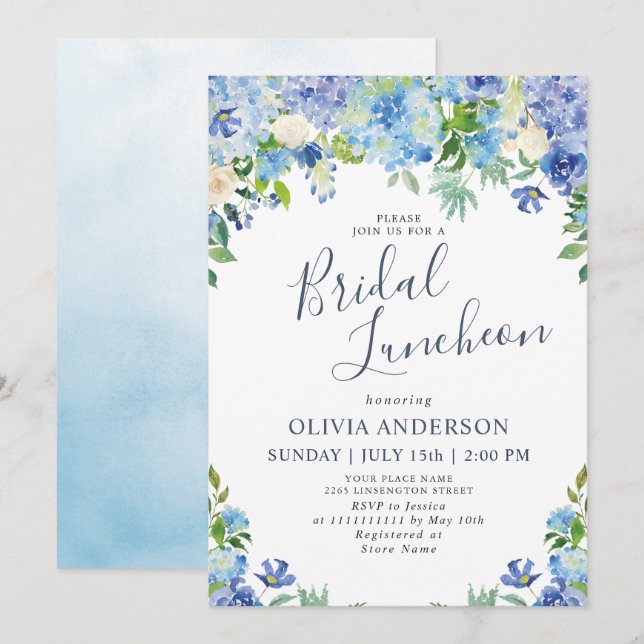 Convites Blue Hydrangea Greenery Watercolor Bridal Luncheon (Frente/Verso)
