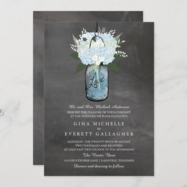 Convites Blue Hydrangea Mason Jar Chalkboard | Casamento (Frente/Verso)