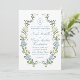 Convites Blue Hydrangea Monogram Crest Wedding Invitation