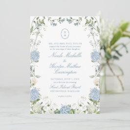 Convites Blue Hydrangea Monogram Wedding Crest Invitation