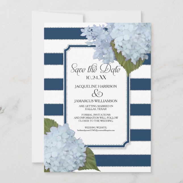 Convites Blue Hydrangea Save the Date Floral Listrado Largo (Frente)