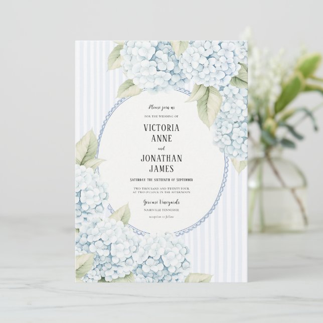 Convites Blue Hydrangea Stripe Vintage Wedding Invitation (Em pé/Frente)