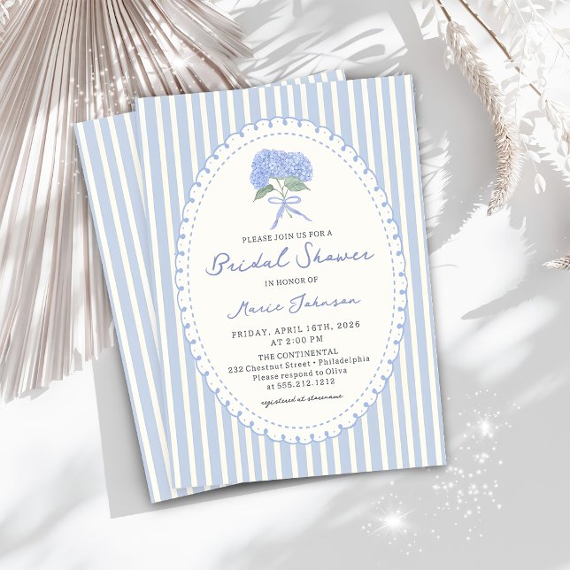 Convites Blue Hydrangea Stripes Bridal Shower Invitation (Criador carregado)