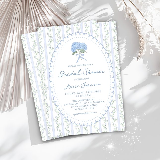 Convites Blue Hydrangea Stripes Bridal Shower Invitation (Criador carregado)