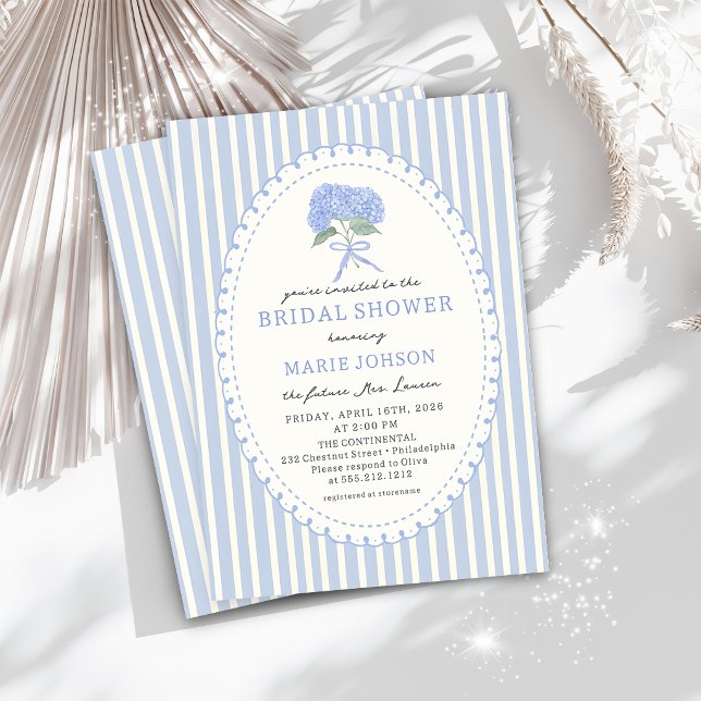 Convites Blue Hydrangea Stripes Bridal Shower Invitation (Criador carregado)