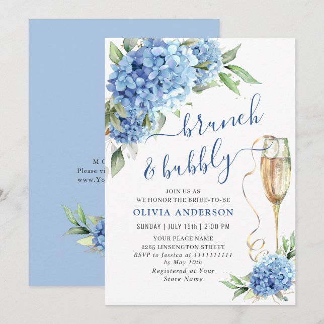 Convites Blue Hydrangea Watercolor Brunch Floral e Bubbles (Frente/Verso)