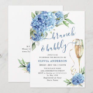 Convites Blue Hydrangea Watercolor Brunch Floral e Bubbles