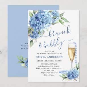 Convites Blue Hydrangea Watercolor Brunch Floral e Bubbles