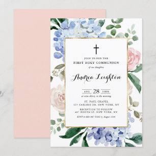 Convites Blue Hydrangeas e Rosas Rosa Primeira Comunhão Sa