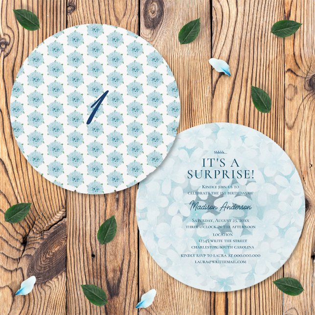 Convites Blue Hydrangeas First 1 rua Surprise Festa de aniv (Front and Back)