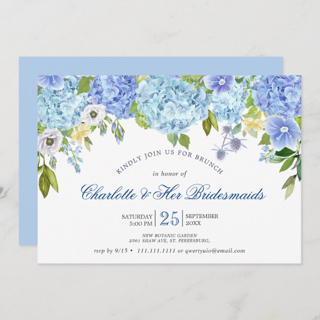 Convites Blue Hydrangeas Floral Greenery Bridesmaids Brunch (Frente/Verso)