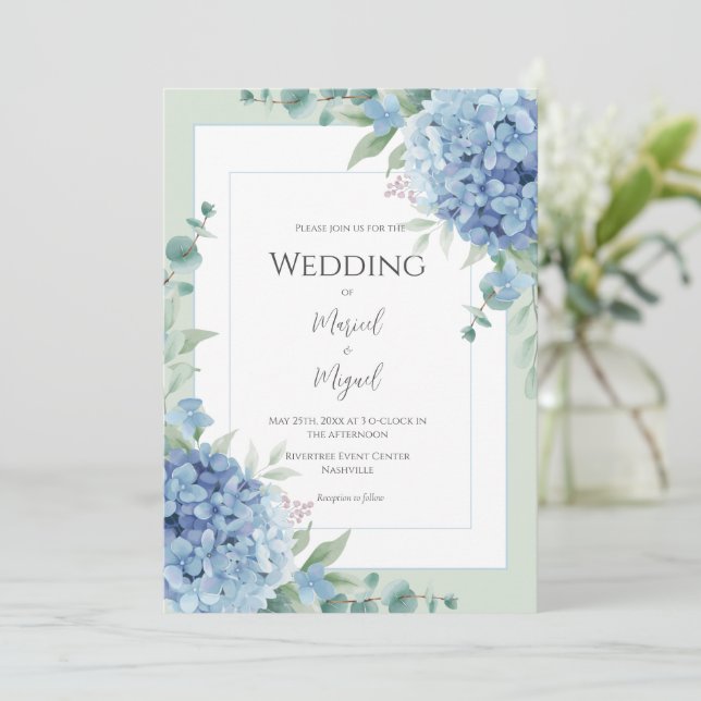 Convites Blue Hydrangeas Floral Photo Elegant Wedding (Em pé/Frente)