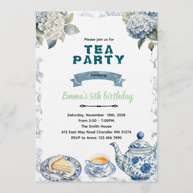 Convites Blue Hydrangeas tea party Invitation (Frente)
