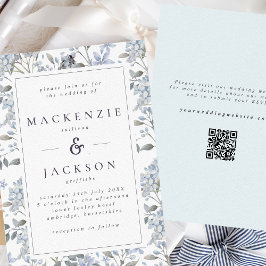 Convites Blue Hydrangeas Watercolor Código QR de Casamento