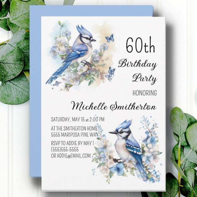 Convites Blue Jay Bird Flowers Springtime 60º aniversário (Blue Jay women's 60th birthday party invitation, customizable with your own text)