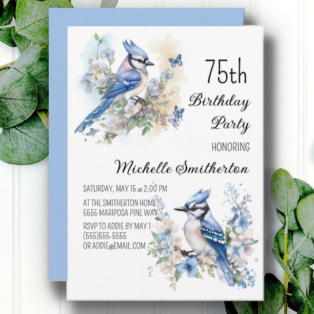 Convites Blue Jay Bird Flowers Springtime 75º aniversário (Blue Jay women's 75th birthday party invitation, customizable with your own text)