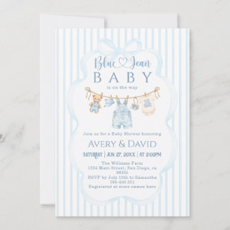 Convites Blue Jean Baby Shower Boy Modern Stripe