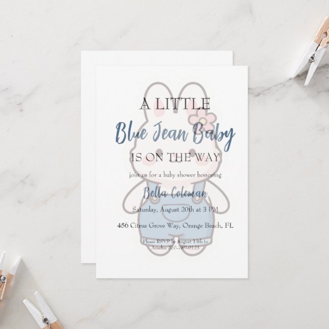 Convites blue jean baby shower invitations (Frente/Verso In Situ)
