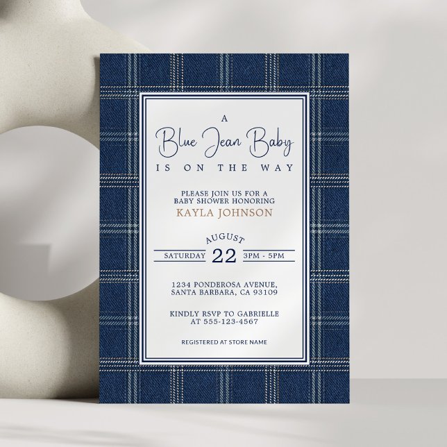 Convites Blue Jean Baby Shower Preppy Plaid Script (Criador carregado)