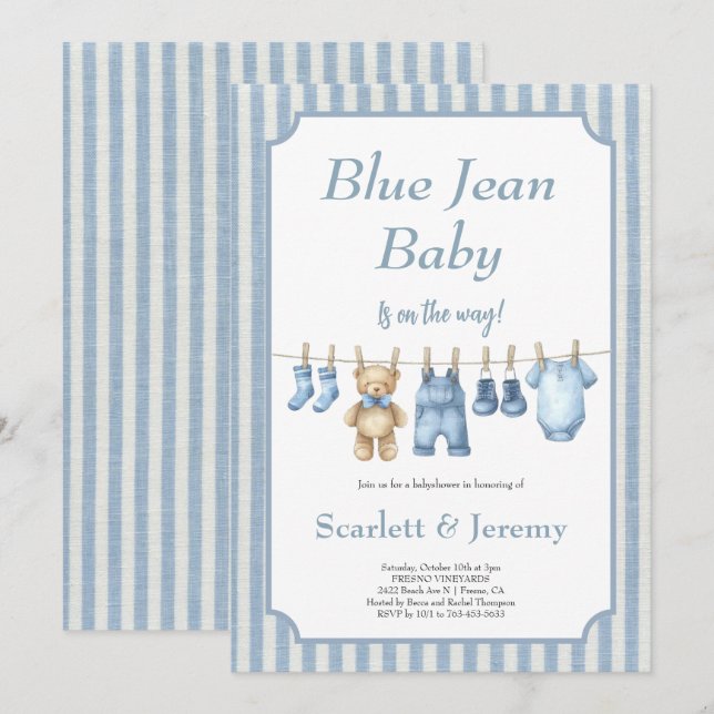 Convites "Blue Jean Baby" varal de roupa Festa de Chá de Be (Frente/Verso)