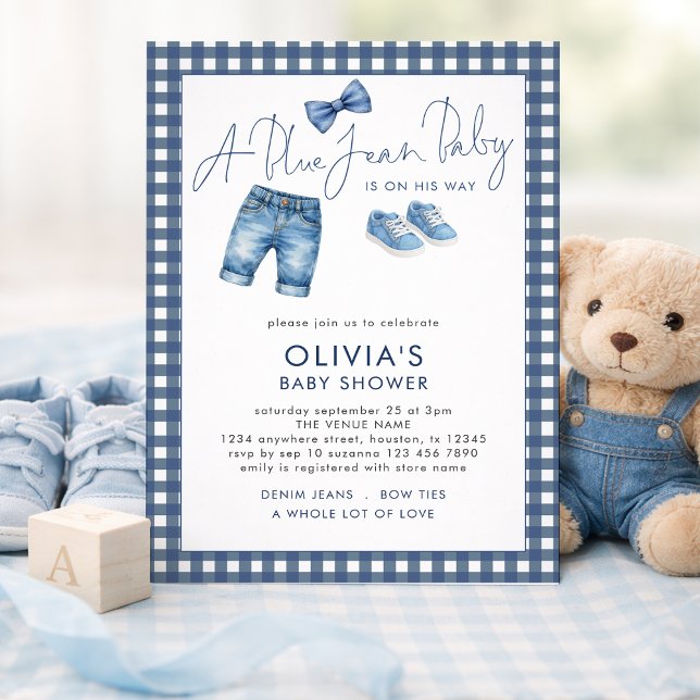 Convites Blue Jean Denim Boy Gingham Baby Shower  (Criador carregado)