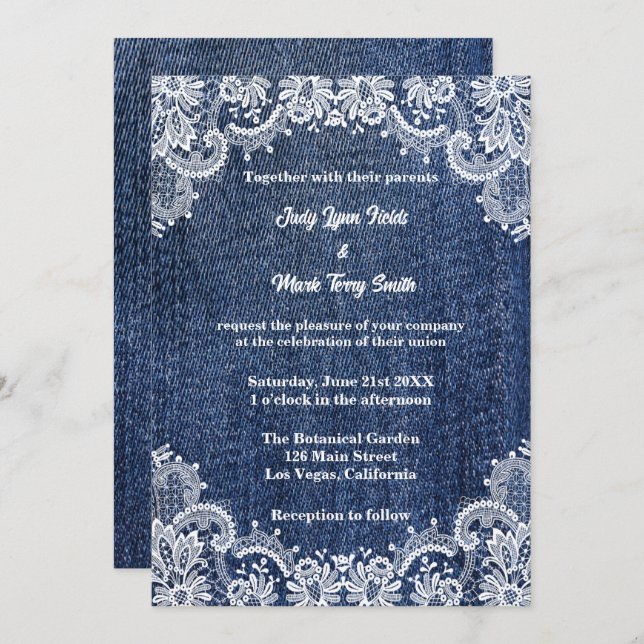 Convites Blue Jean Denim E Lace Wedding (Frente/Verso)