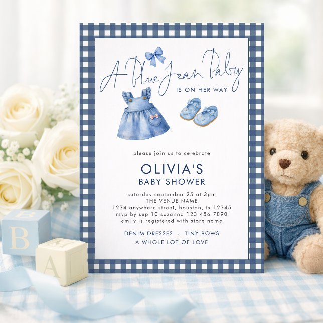 Convites Blue Jean Denim Girl Gingham Baby Shower  (Criador carregado)