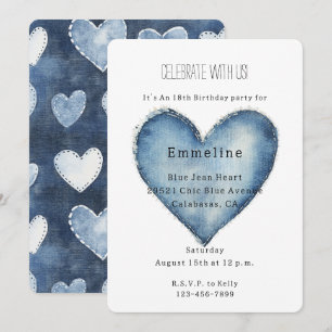 Convites Blue Jean Denim Heart Birthday