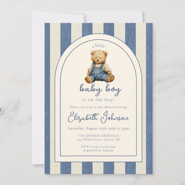 Convites Blue Jean Denim Teddy Bear Boy Baby Shower (Frente)