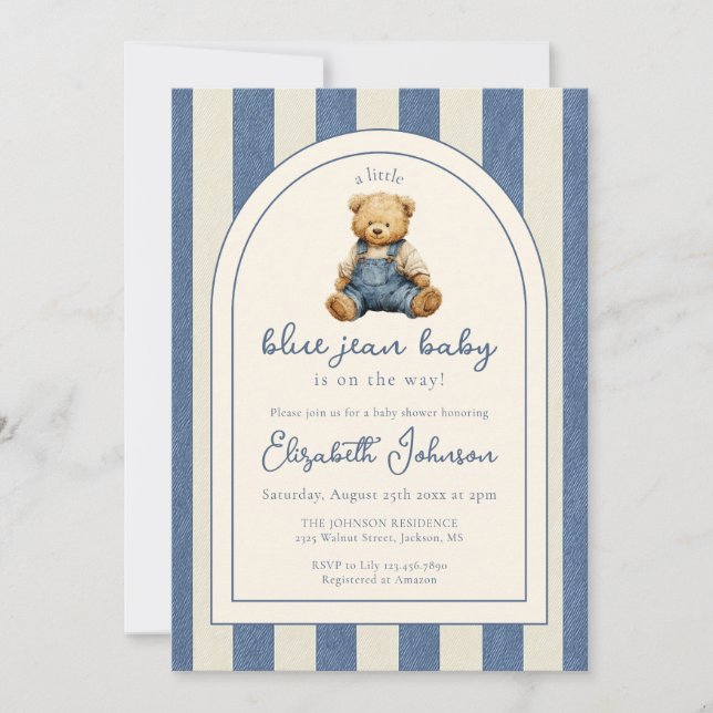Convites Blue Jean Denim Teddy Bear QR Code Baby Shower (Frente)