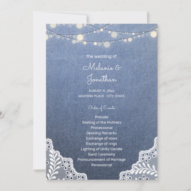 Convites Blue Jean, Lace String Lights Ceremony Program (Frente)