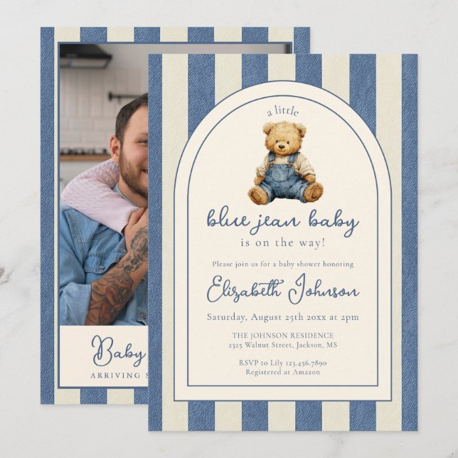 Convites Blue Jean Teddy Bear Photo QR Code Baby Shower (Frente/Verso)