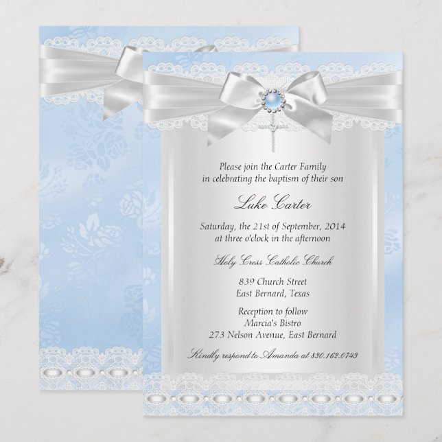 Convites Blue Lace Cross Baptism Christening (Frente/Verso)