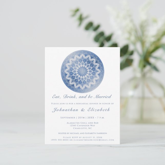 Convites Blue Lace Mandala Rehearsal Dinner (Em pé/Frente)