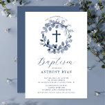 Convites Blue Leaf Boys Baptism Invitation<br><div class="desc">Beautiful baptism invitations featuring a soft blue leaf wreath and cross set on a white background.  Flip our invitation over to view a coordinating back for an extra special touch.  Visit our shop to view our entire leaf collection.</div>