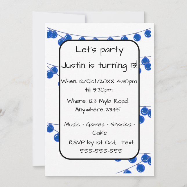 Convites Blue Lights Teen Boy Customisable Birthday Invitat (Frente)