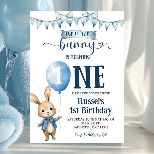 Convites Blue Little Bunny First Birthday Invitation (Criador carregado)