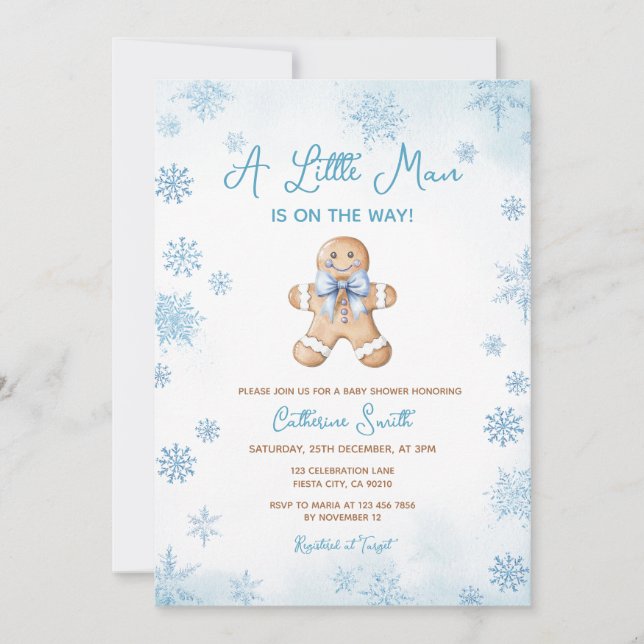 Convites Blue Little Man Snowflakes Gingerbread Baby Shower (Frente)