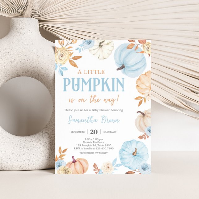 Convites Blue Little Pumpkin Fall Baby Shower (Boy Little Pumpkin Fall Baby Shower Invitation)