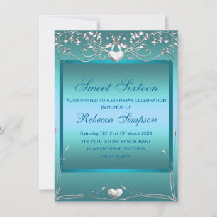 Convites Blue Love Heart Sweet 16 Birthday Convida