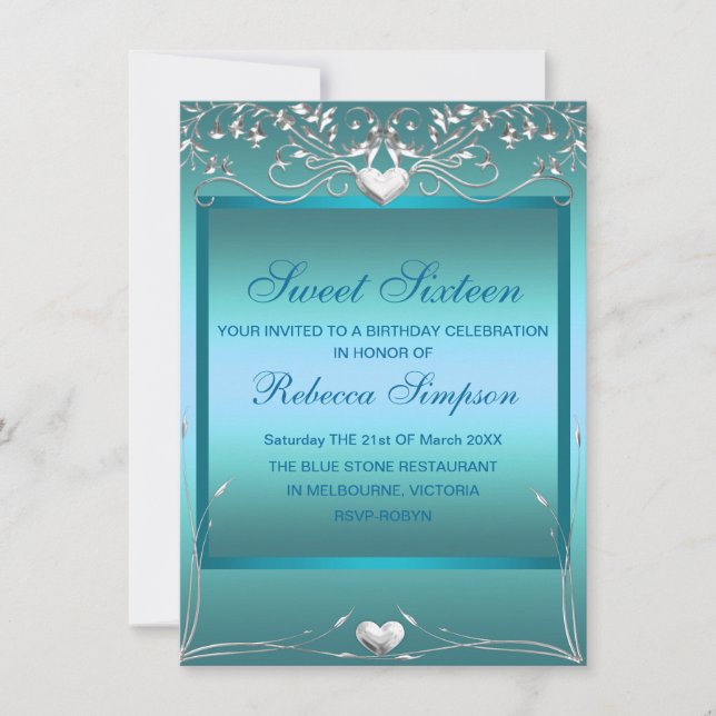 Convites Blue Love Heart Sweet 16 Birthday Invite (Frente)