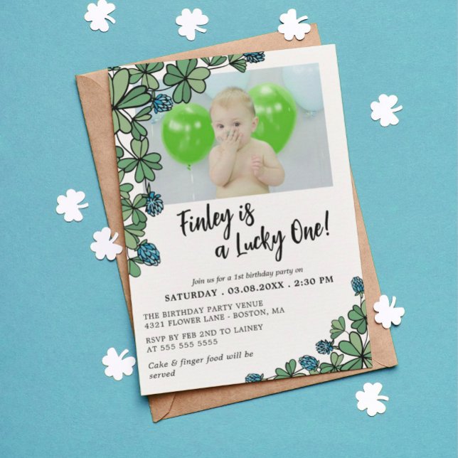 Convites Blue Lucky One Four Leaf Clover 1st Birthday Party (Criador carregado)