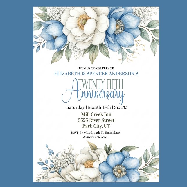 Convites Blue Magnolia and Peony 25th Wedding Anniversary (Blue and ivory floral 25th wedding anniversary invitation)