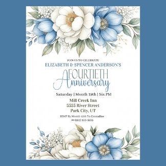 Convites Blue Magnolia and Peony 40th Wedding Anniversary