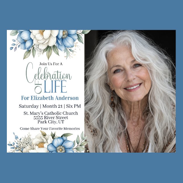 Convites Blue Magnolia and Peony Celebration Of Life (Blue and white magnolia and peony floral Celebration Of Life invitation 
)