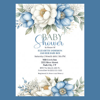 Convites Blue Magnolia and Peony Flower Boy Baby Shower