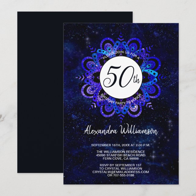 Convites Blue Mandala Space Stars Boho 50th Festa de aniver (Frente/Verso)