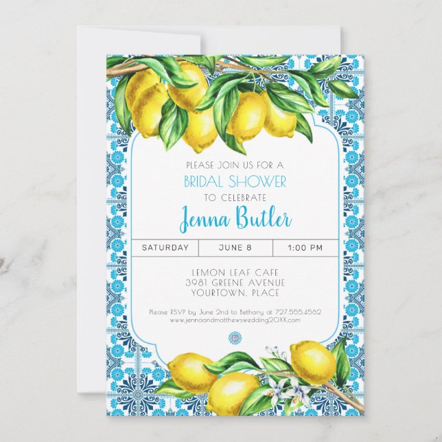 Convites Blue Mediterranean Tile Lemon Bridal Shower (Frente)