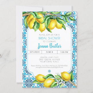 Convites Blue Mediterranean Tile Lemon Bridal Shower