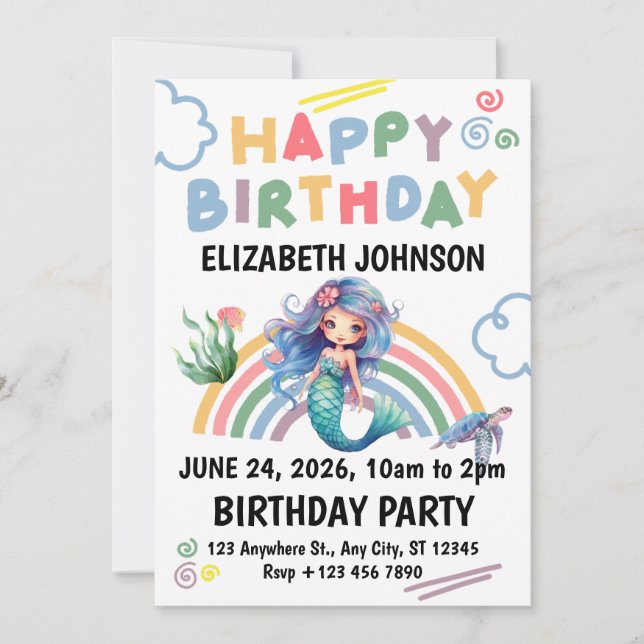 Convites Blue Mermaid Birthday Invitation in White (Frente)